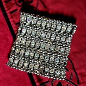 Wide Silver-tone Rhinestone Aurora Borealis Finish Stretch Metal Mesh Cuff 3.5"W